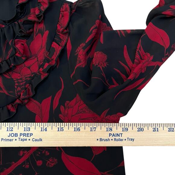 Zara Floral Chiffon Mini Dress Small Shift Swing Mod Long Sleeve Ruffle Black - Picture 6 of 10